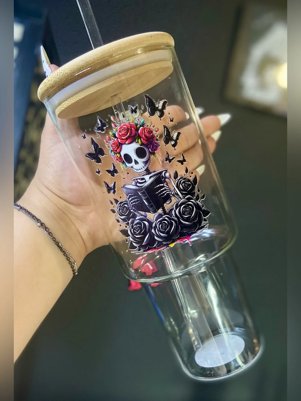 Clear Glass Tumbler with Skull & Rose Artwork and Bamboo Lid - Pink & Black